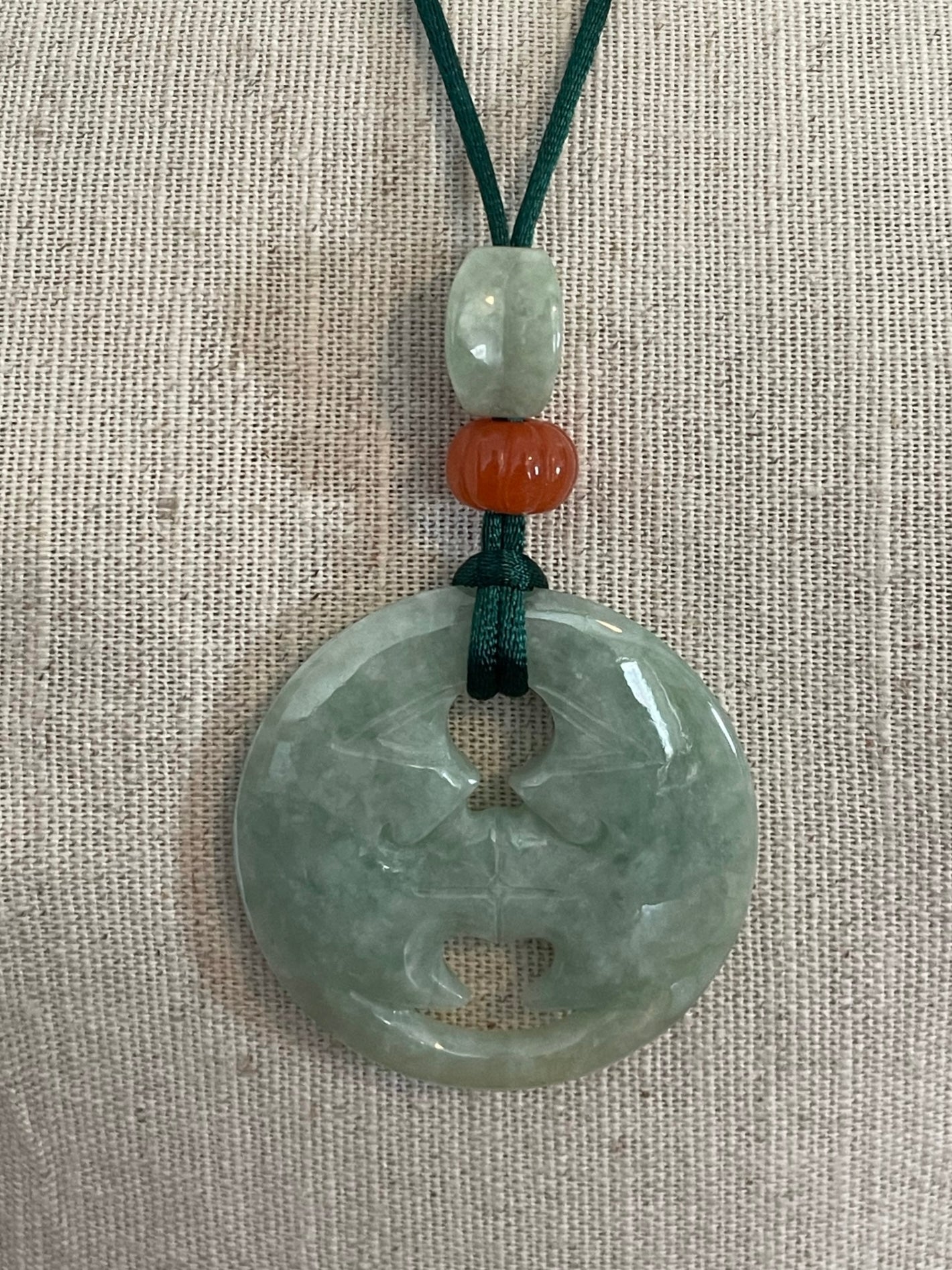 Carved Jade Agate Bead Silk Cord Necklace Moon