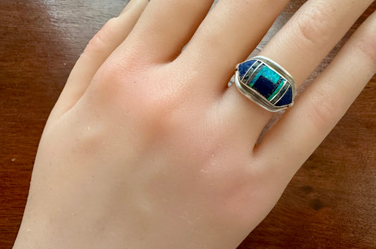 Signed Albert Francisco Sterling Silver Ring Navajo Lapis & Opal Sz 7.5