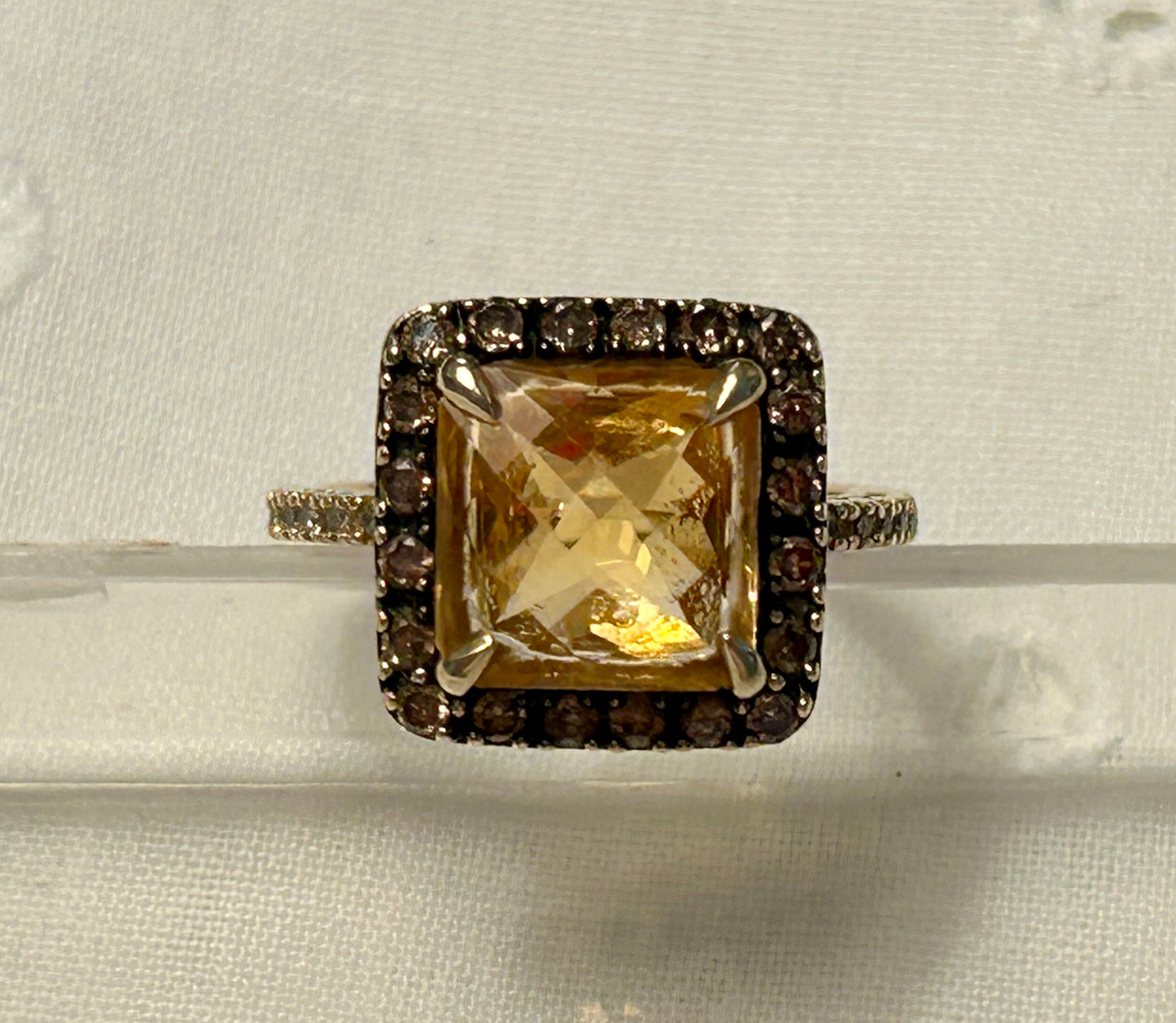 14K Yellow Ring Gold Square Cut Citrine With Chocolate Diamond Halo Signed