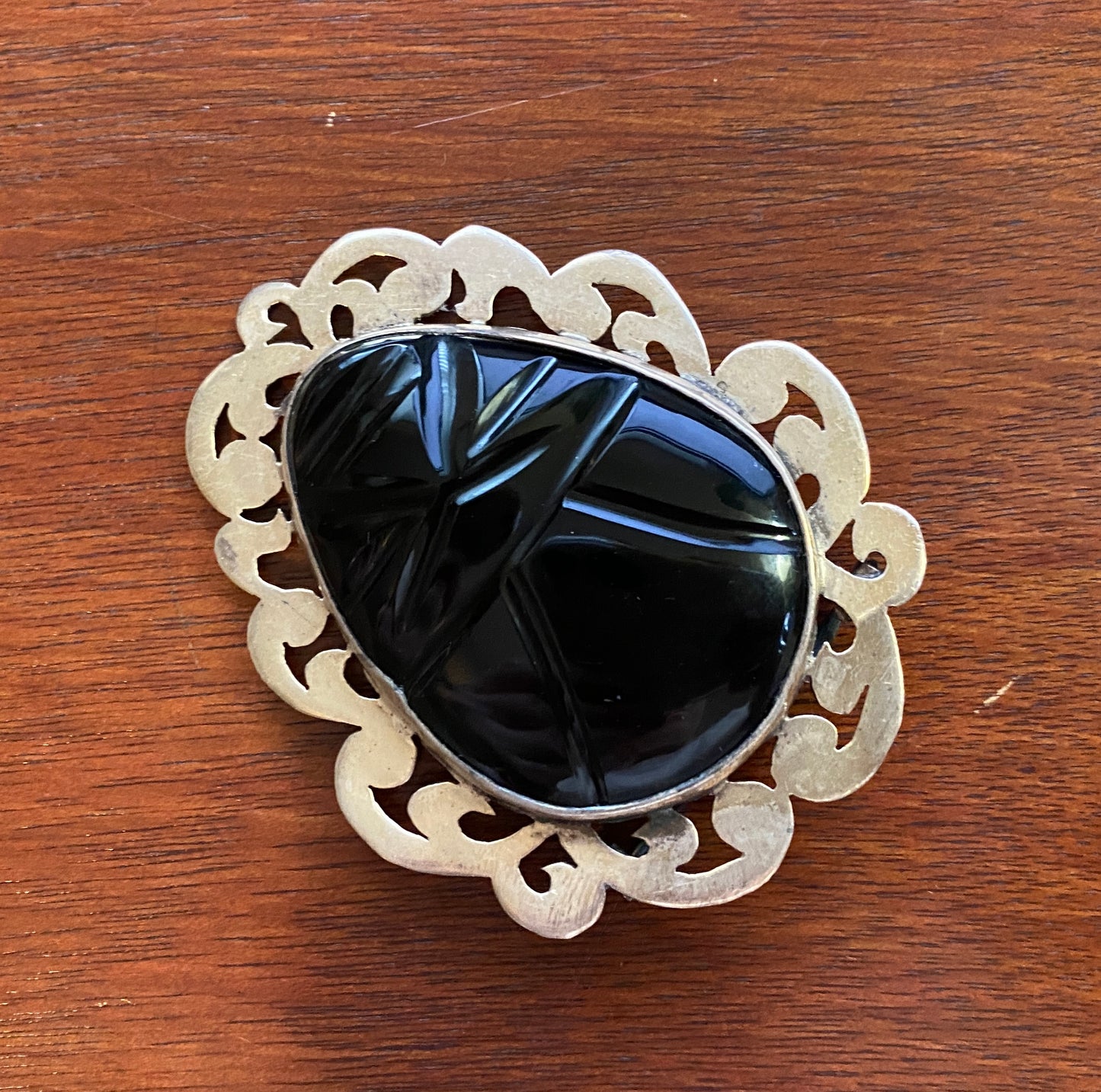 Vintage Silver Carved Onyx Face Large Brooch Pin - Mexico