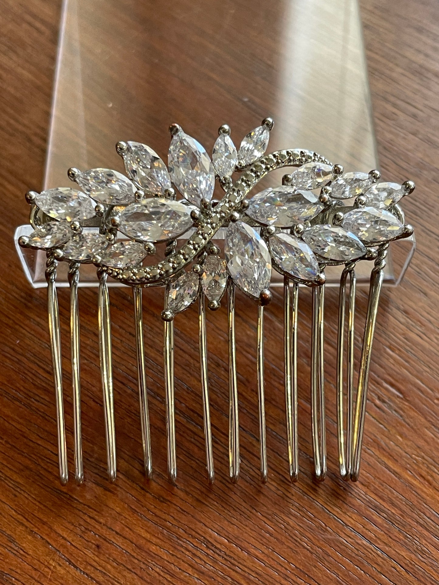 Vintage Bridal Silver Tone Hair Comb Floral Cluster Clear Rhinestones