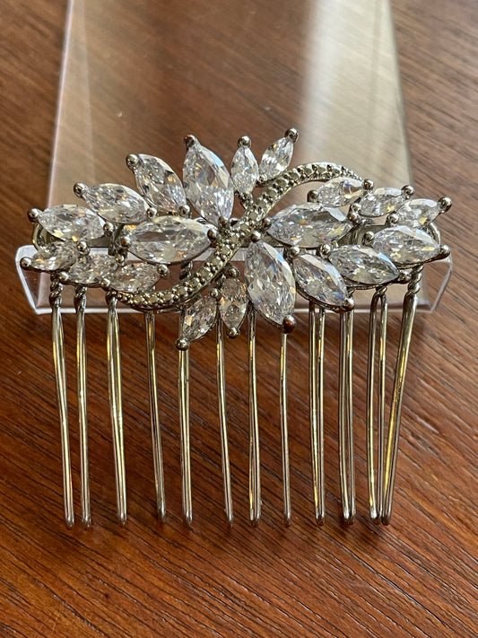 Vintage Bridal Silver Tone Hair Comb Floral Cluster Clear Rhinestones