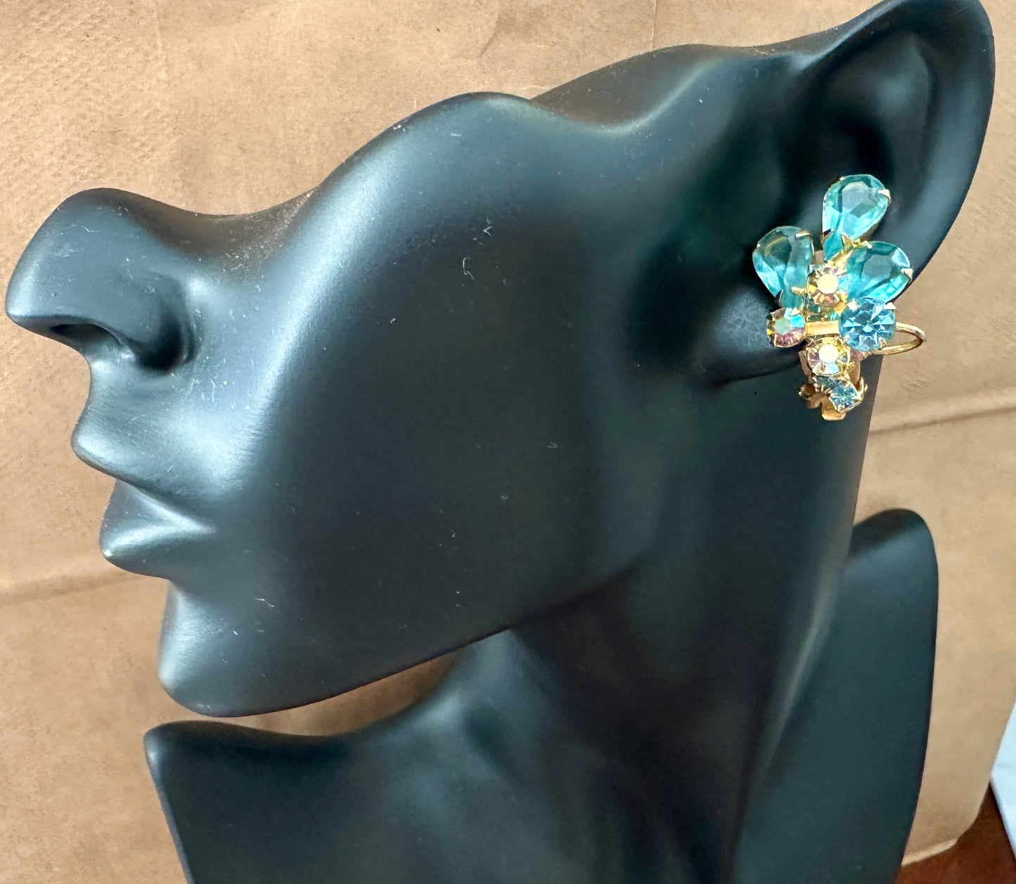 Vintage Pale Blue AB Aurora Borealis Rhinestone Gold Tone Clip on Earrings