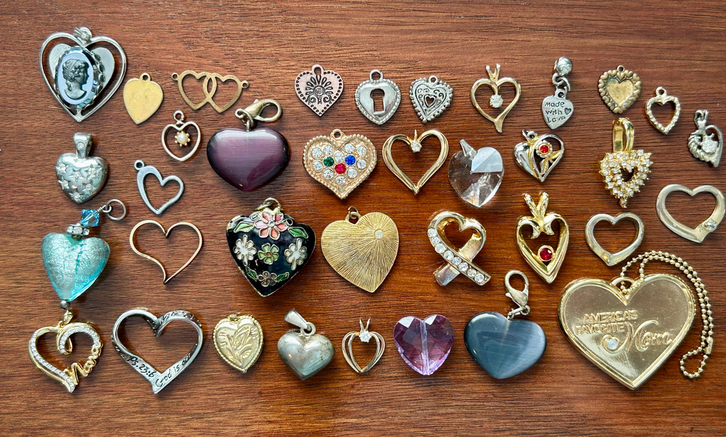 Vintage to Now Heart Shaped Pendant Charms Lot Gold Rhinestone Glass Puffy