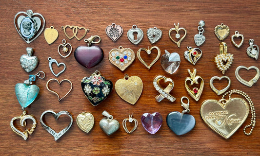 Vintage to Now Heart Shaped Pendant Charms Lot Gold Rhinestone Glass Puffy