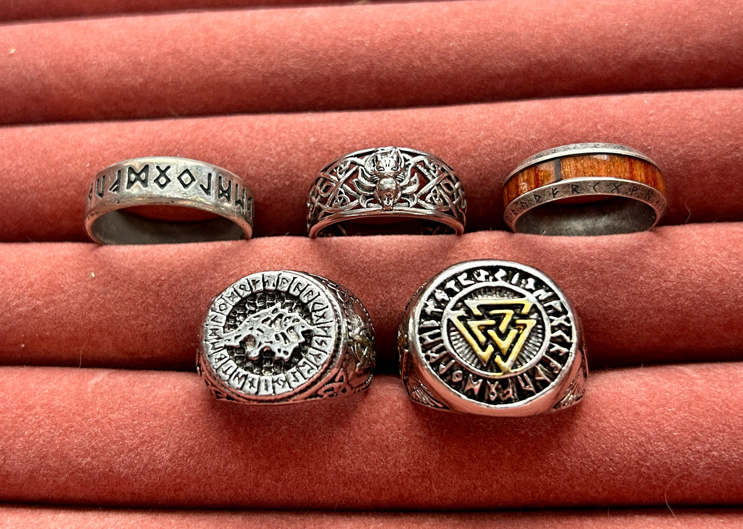 Lot of 5 Mens Rings Norse Viking Theme Runes Wood Inlay Signet Silver Tone