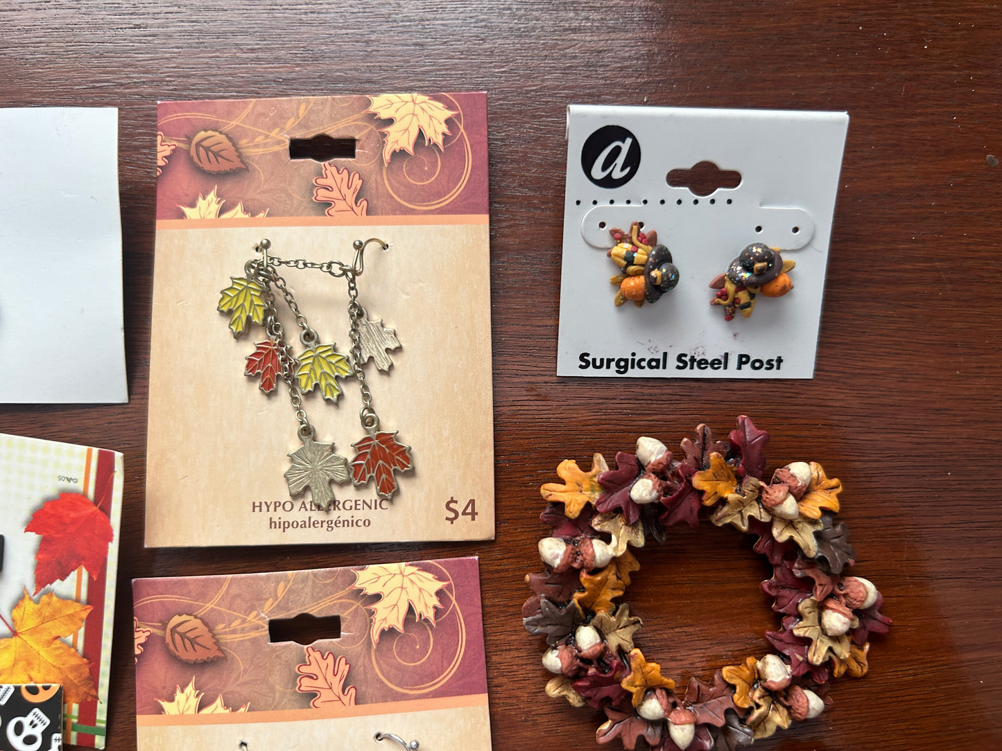 Fall Theme Jewelry Lot Earrings Brooch Wreath Leaf Corn Pumpkins & More