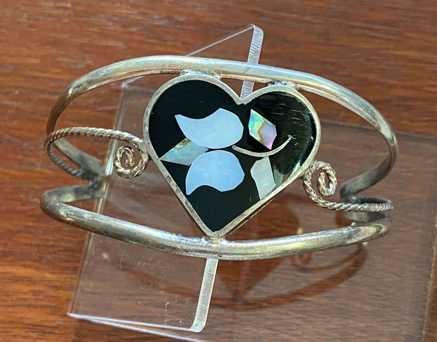 Vintage Alpaca Silver Onyx Abalone Heart Bangle Bracelet Flower Design