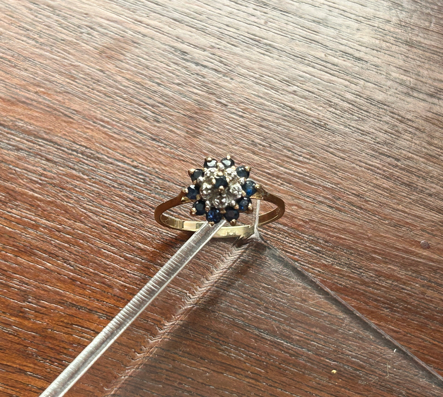 10k Yellow Gold Sapphire Diamond Cluster Cocktail Ring Sz 6.5