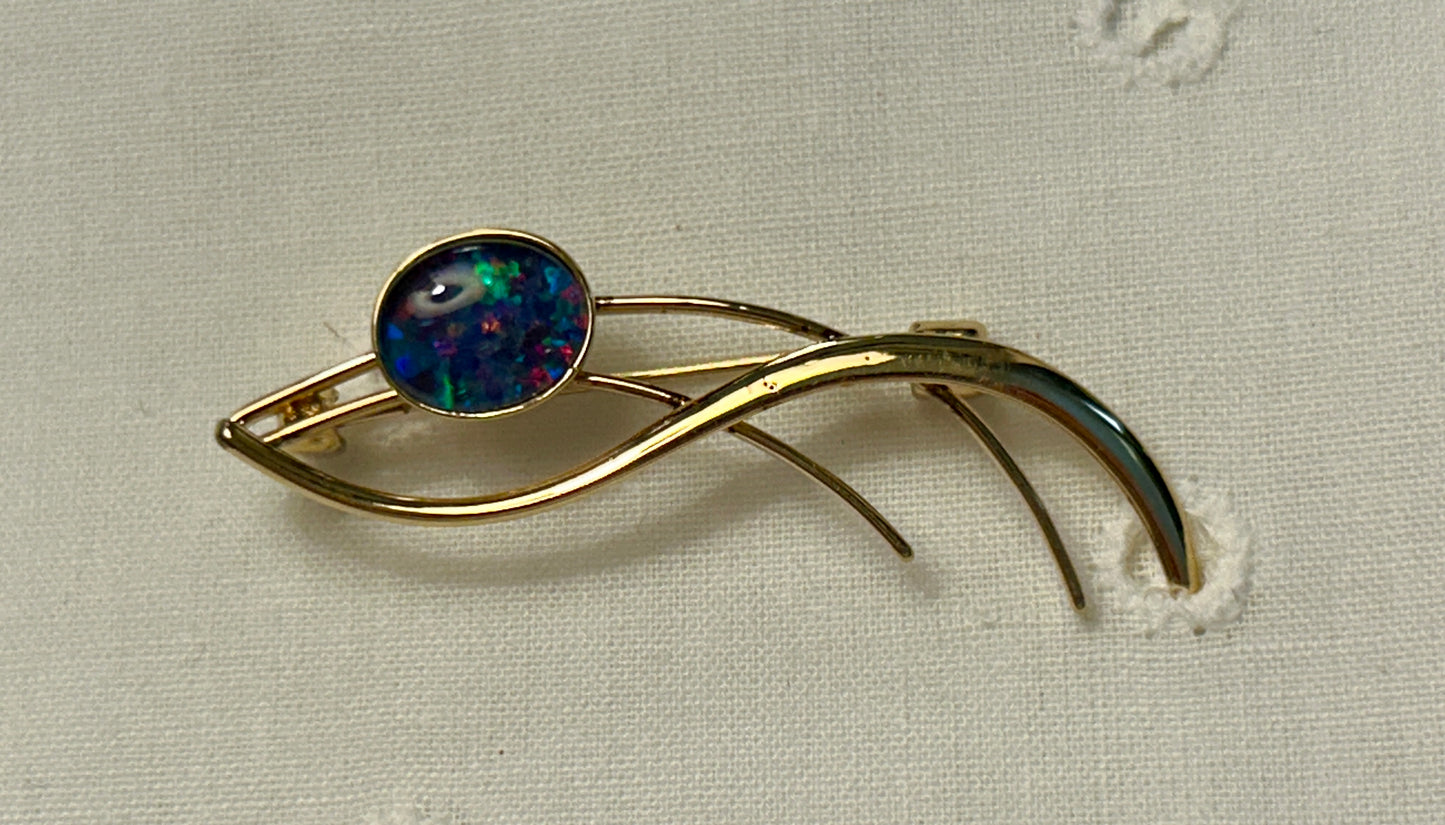 Vintage Sterling Silver With Gold Plate Opalized Glass Cabochon Brooch