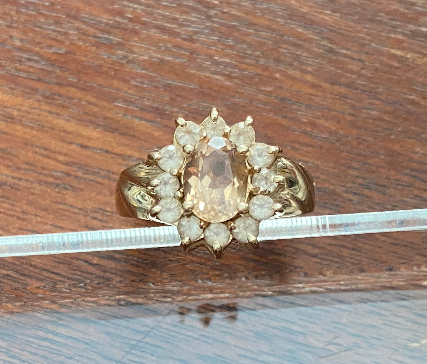 14k Yellow Gold Champagne Colored and Clear Stone Ring Sz 6.75