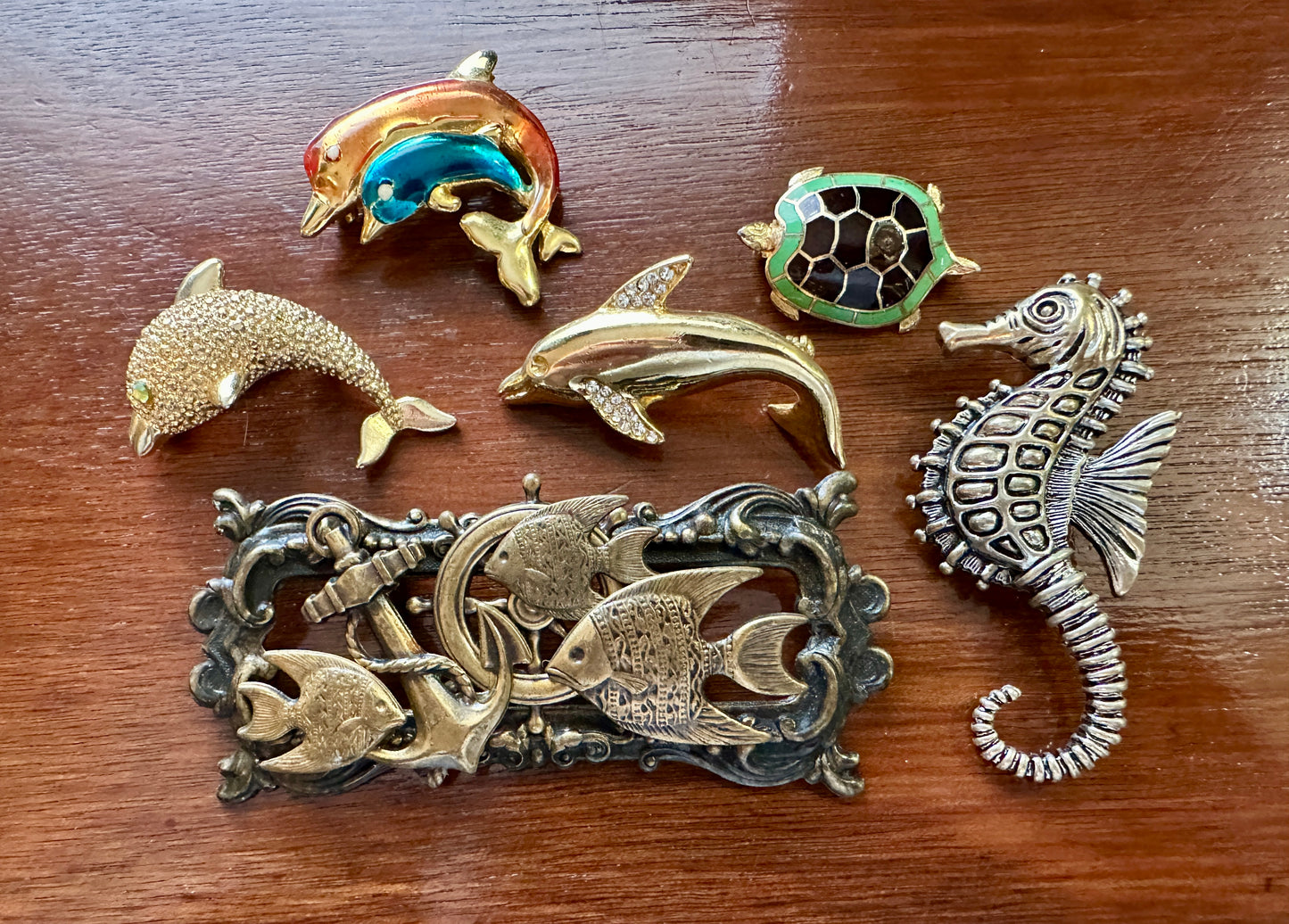 Vintage to Now Ocean Theme Brooch Pin Lot Dolphins Whale Turtle Seahorse Enamel