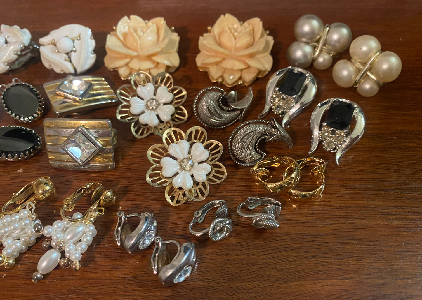 Vintage Clip on Earrings Lot Rose Pearl Porcelain Thermoset Gold Silver