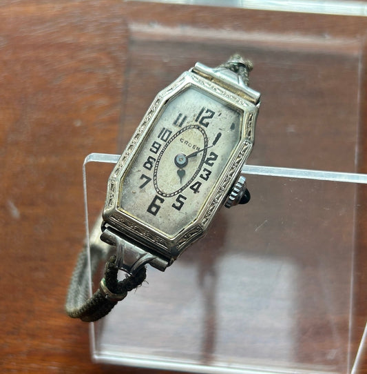 Antique 14k White Gold Filled Gruen Deco 15j Womens Wristwatch