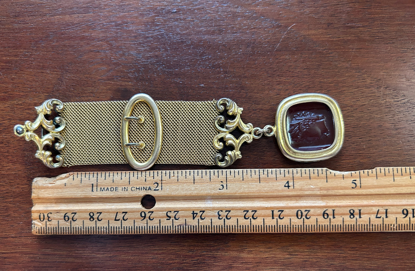 Antique Gold Tone Cameo Carnelian Watch Fob Mesh Brooch