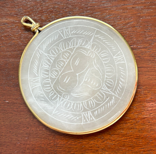 Vintage Aztec Sun Dial Etched White Stone Gold Tone Pendant