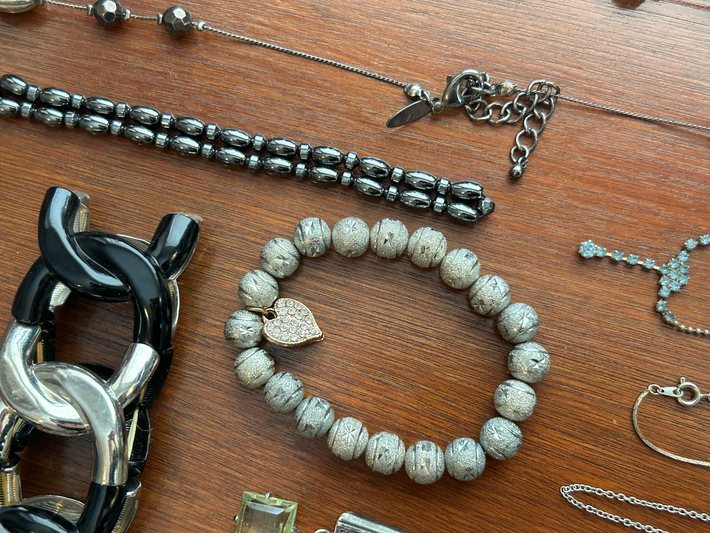 14 Pieces Vintage to Now Jewelry Lot Black Silver Heart Beads Bracelets Necklace