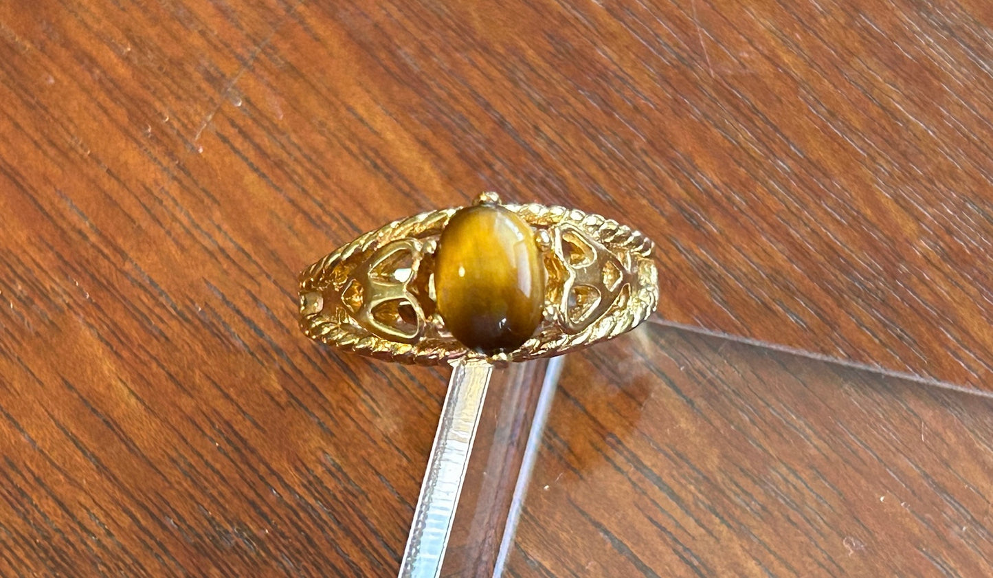 18k Yellow Gold Filled Oval Tigers Eye Ring Sz 7