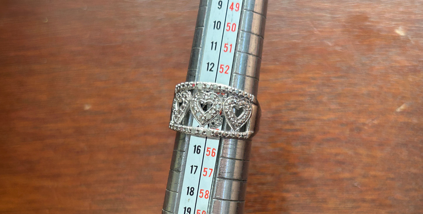 Sterling Silver 925 Wide Diamond Accent Heart Band Ring Sz 6.75