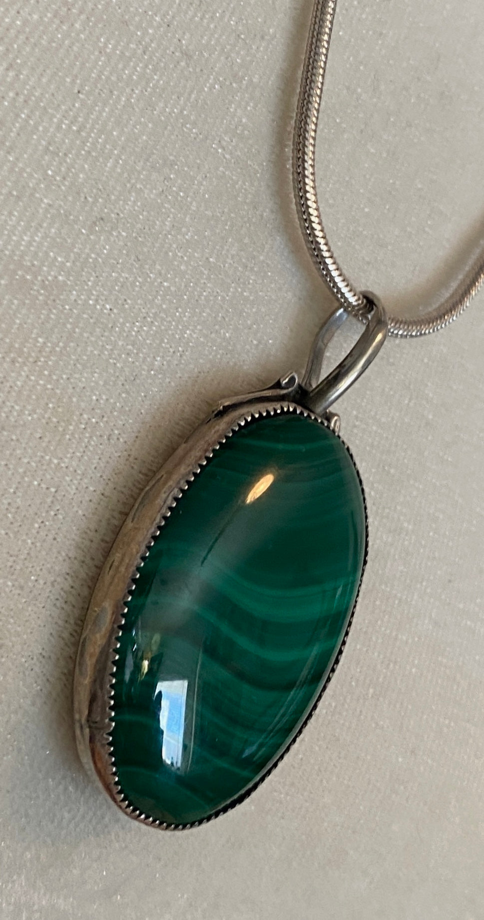 Sterling Silver 925 BOMA Snake Chain Malachite Pendant Necklace