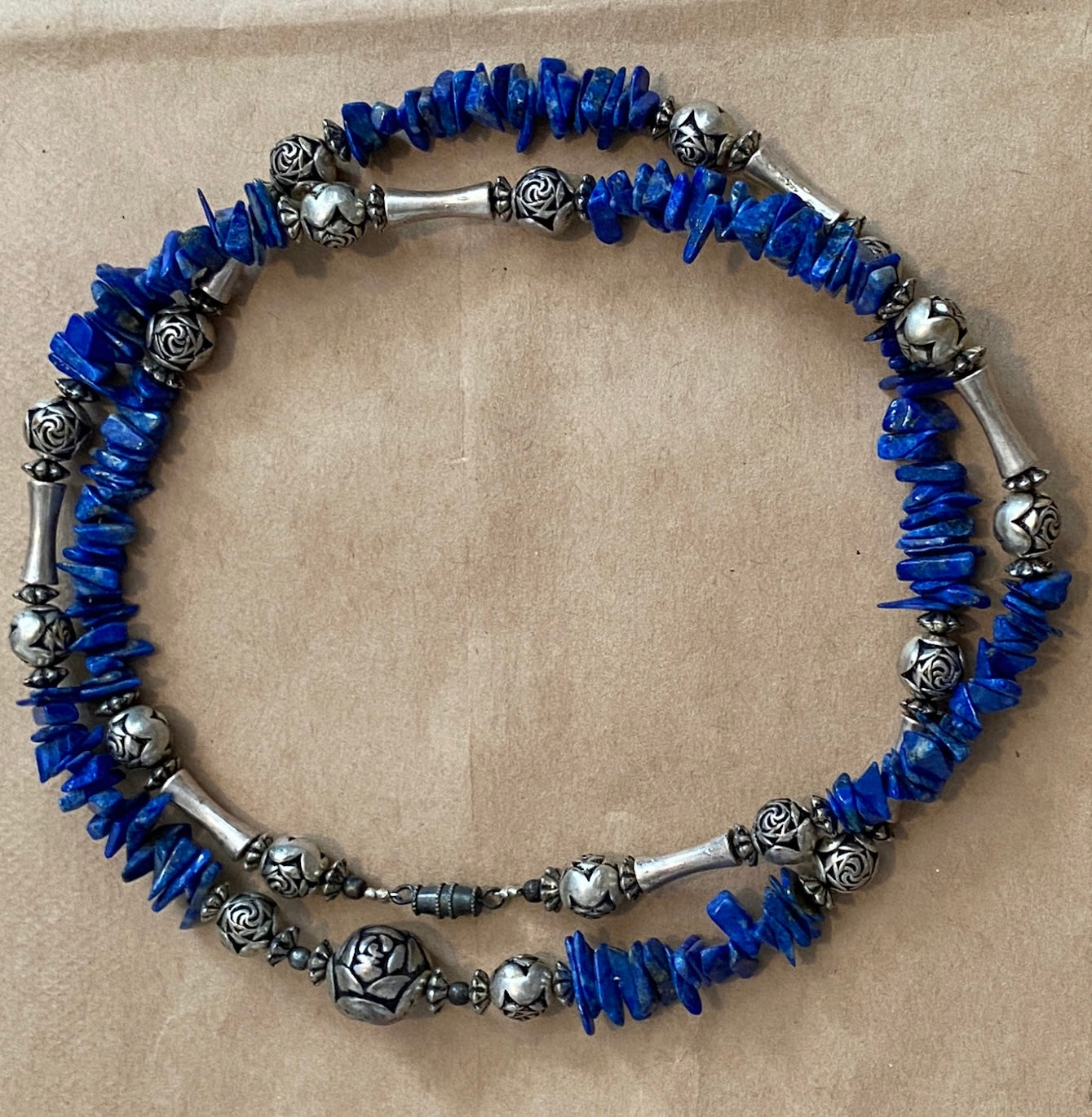 Blue Lapis Lazuli Polished Chips Silver Bead Necklace 30" Long