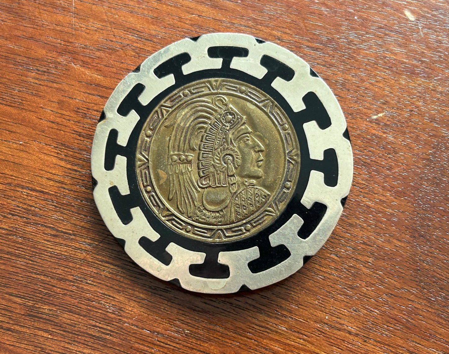 Vintage Silver Tone Mayan Coin Onyx Inlay Large Brooch Pin