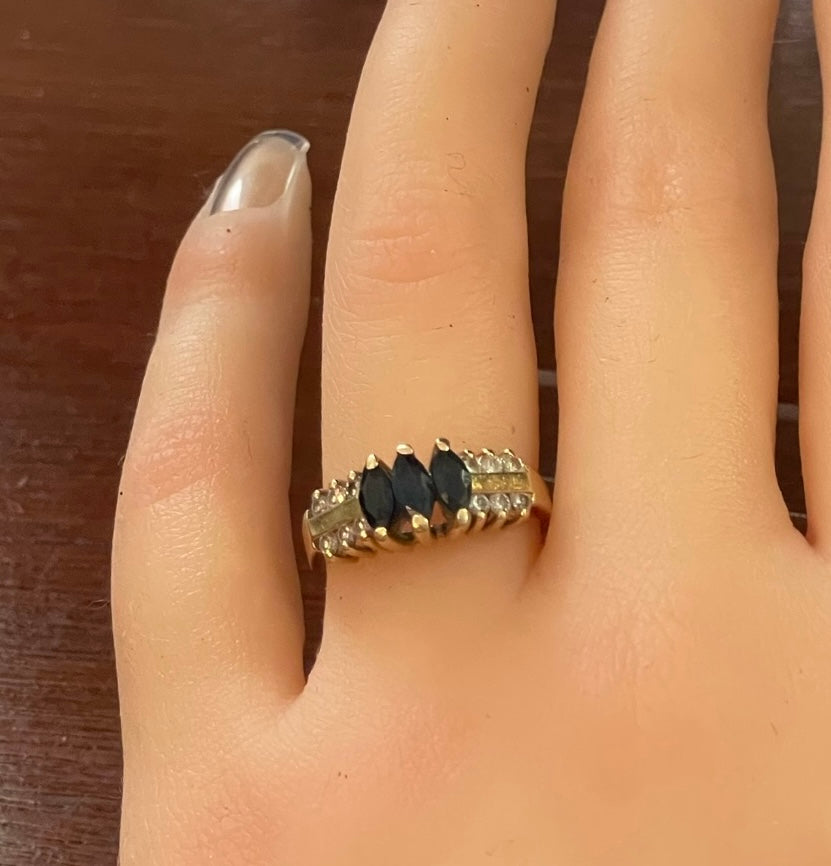 14k Yellow Gold Marquise Blue Sapphire Round Diamond Ring Sz 7