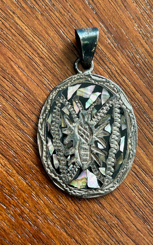 Vintage Sterling Silver 925 Abalone Oval Pendant Floral Design