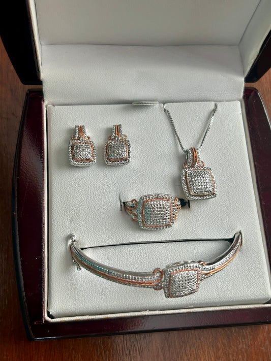 Pure Silver over Brass 1/5cttw Diamond Jewelry Set Necklace Ring Earrings More