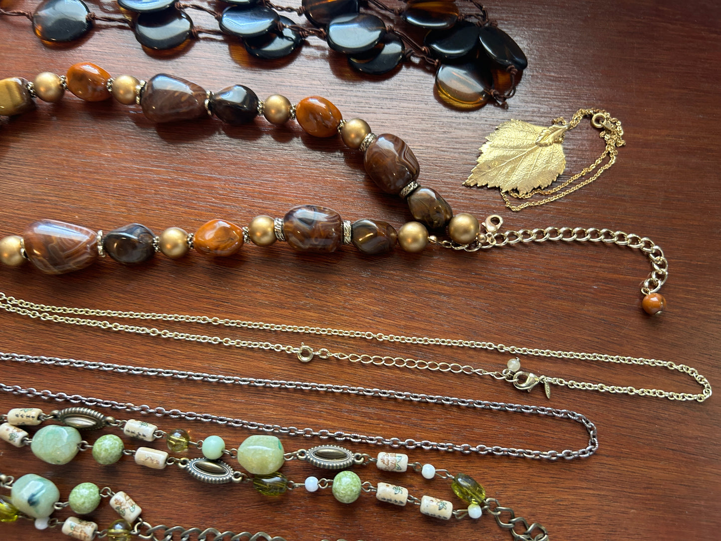 Vintage to Now Earth Tone Jewelry Lot Beads Pendants Leaf Gold Leaf Heart & More