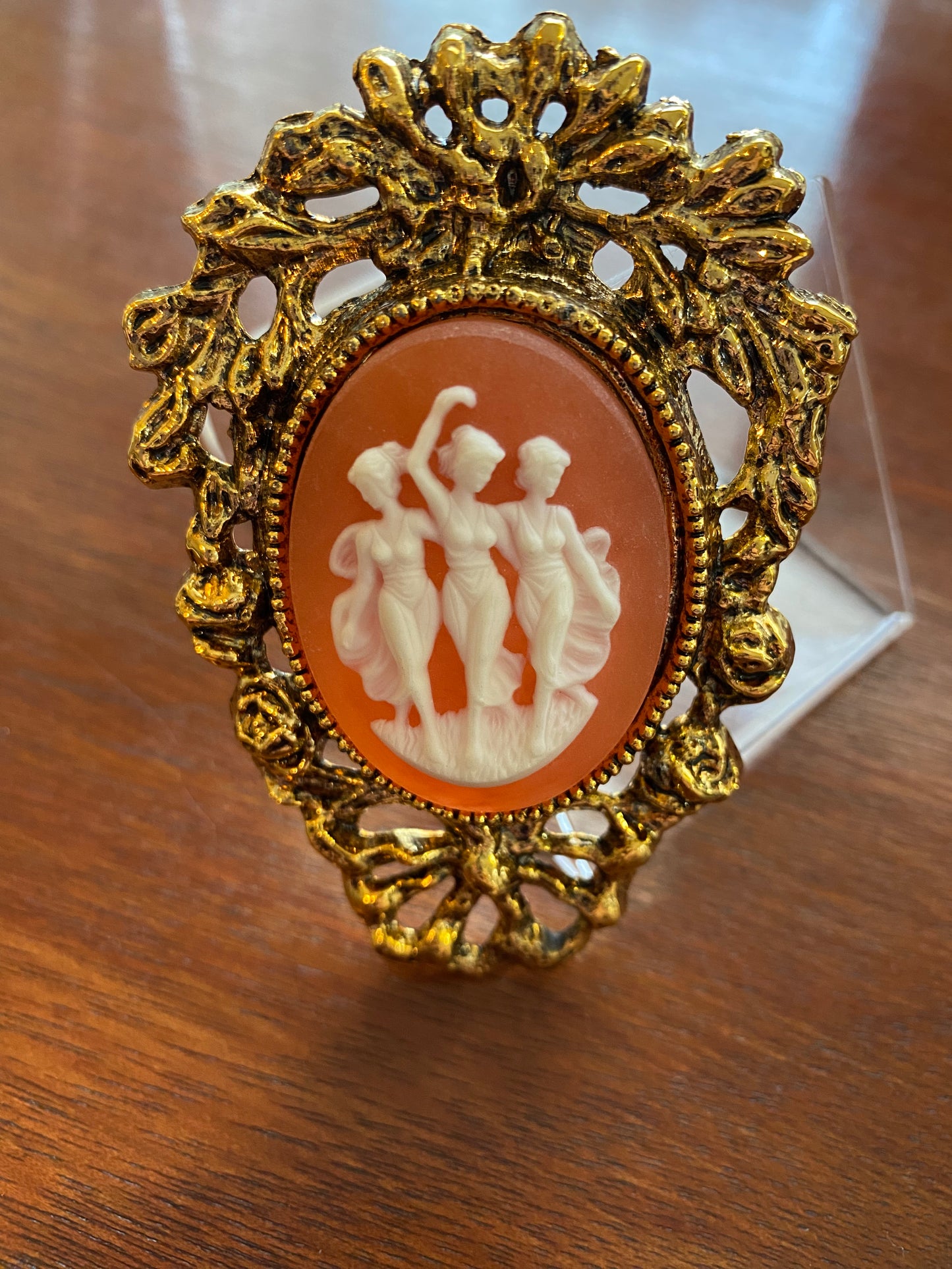 Vintage Extra Large Gold Tone Carnelian Faux Cameo Pendant