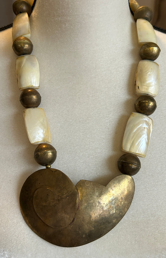 Vintage Brass MOP Mother of Pearl HUGE Tribal Island Style Necklace