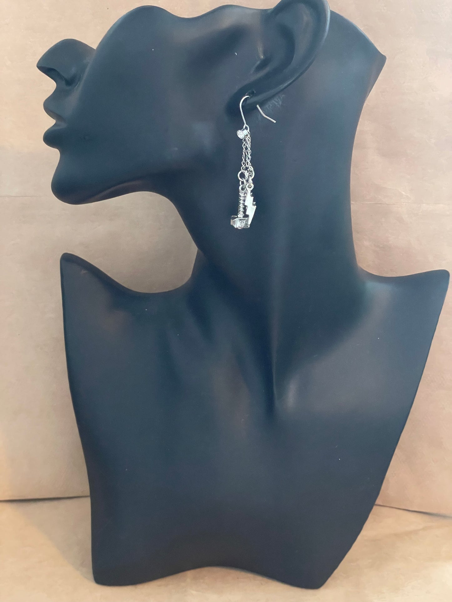 Silver Tone Drop Dangly Lightning Bolt Thor Hammer Pierced Earrings