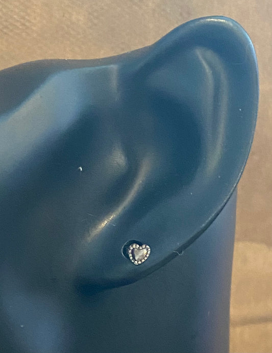 Sterling Silver 925 Heart Milgrain Bead Edge Small Stud Pierced Earrings