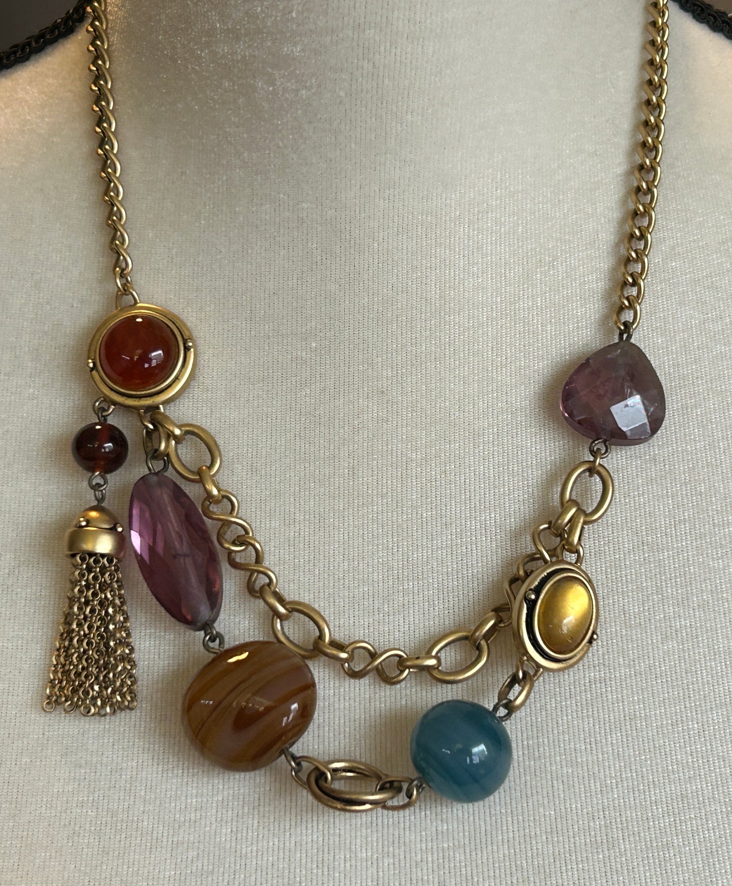 NW Brushed Gold Tone Multicolor Glass Cabochon Chain Necklace