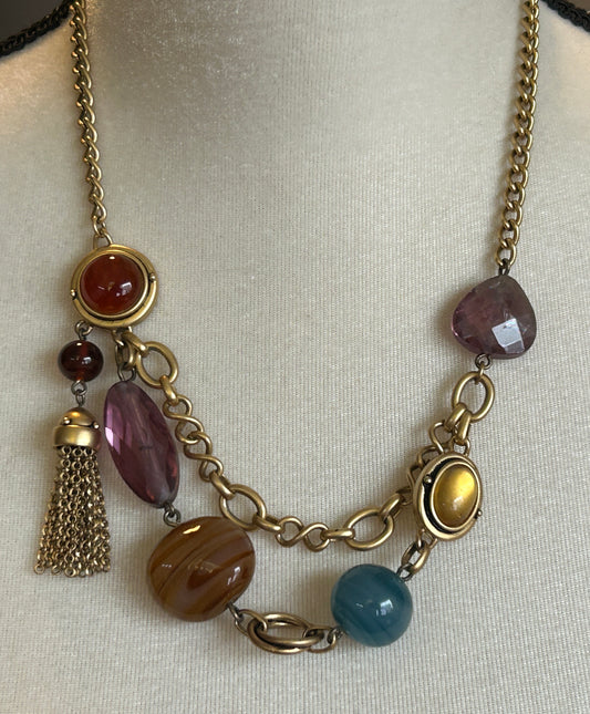 NW Brushed Gold Tone Multicolor Glass Cabochon Chain Necklace