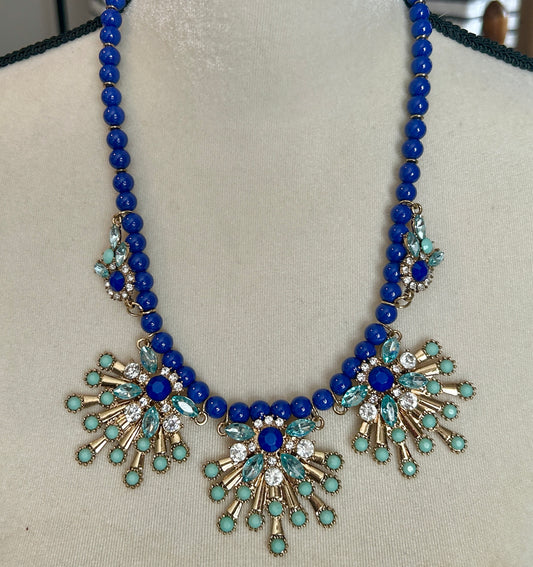 Macys Pageant Collar Necklace Blue Bead Rhinestones Gold Tone Adjustable