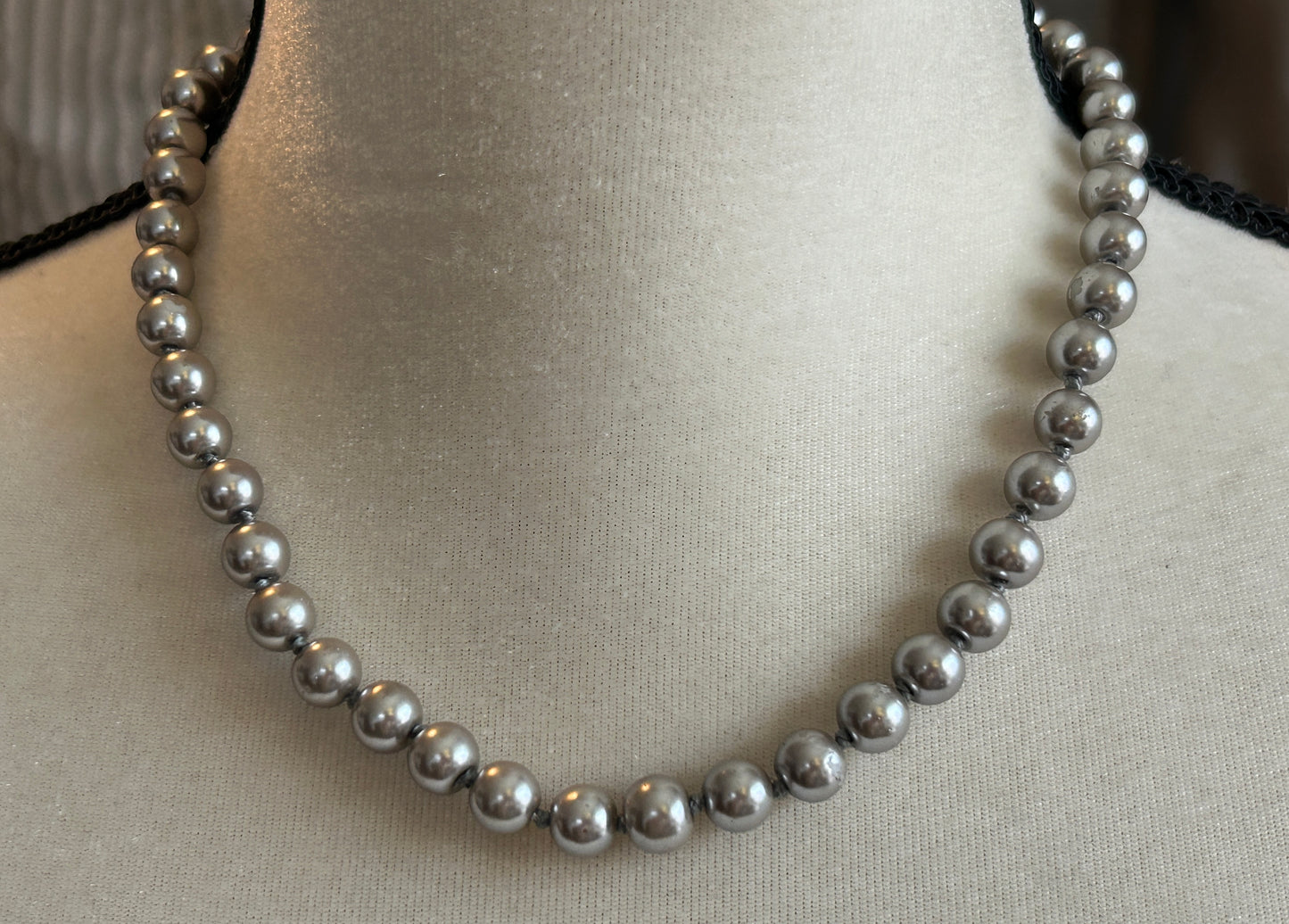 Vintage Gray Grey Silver Tone Single Strand Faux Pearl Necklace Hand Knotted