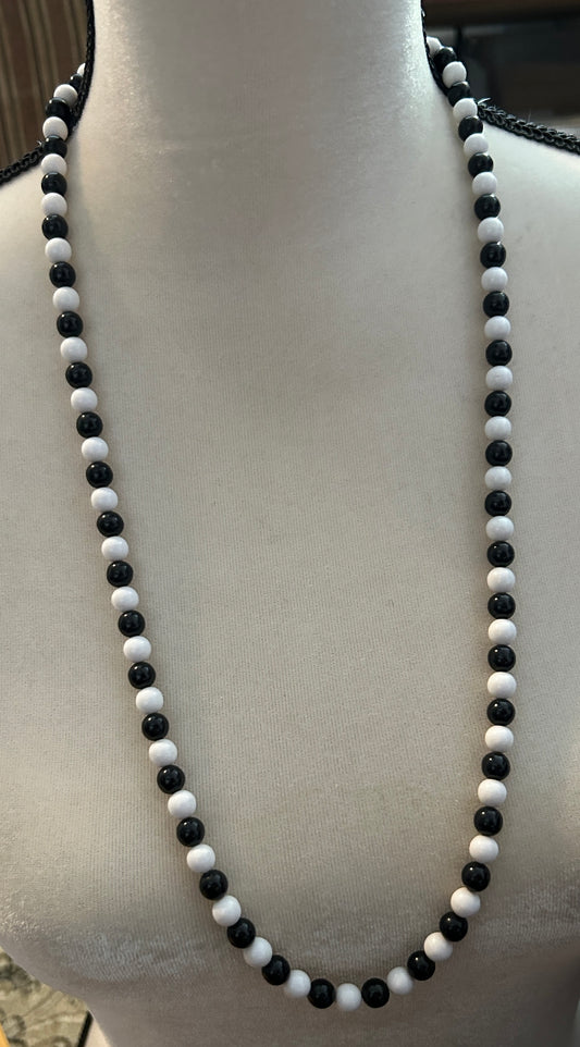 Vintage Black & White Beaded Necklace 28" Long