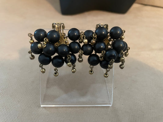 Vintage Black Bead Cluster Clip on Earrings