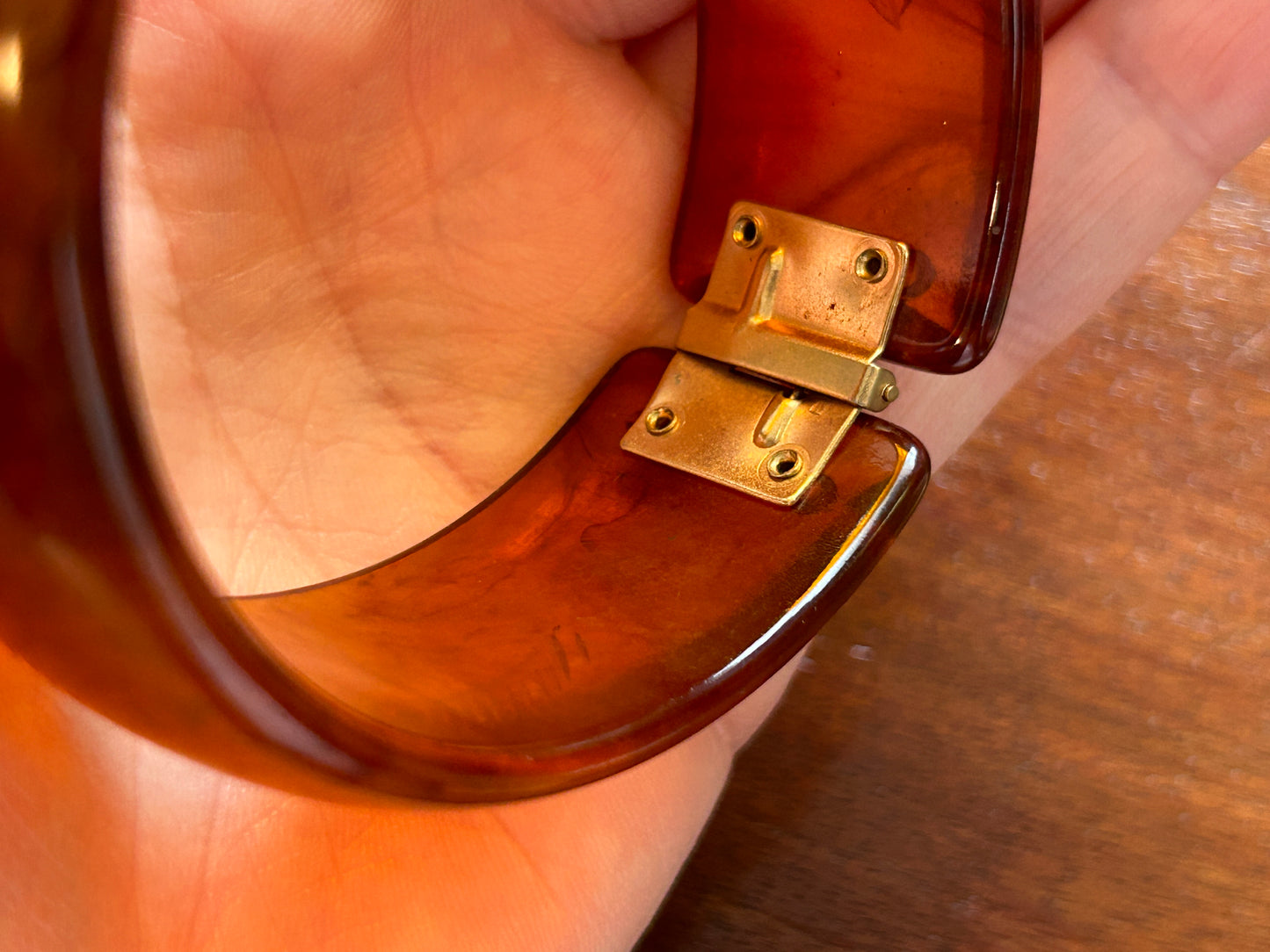 Vintage Catalan Bakelite Amber Etched Clamper Bracelet Wide Gold