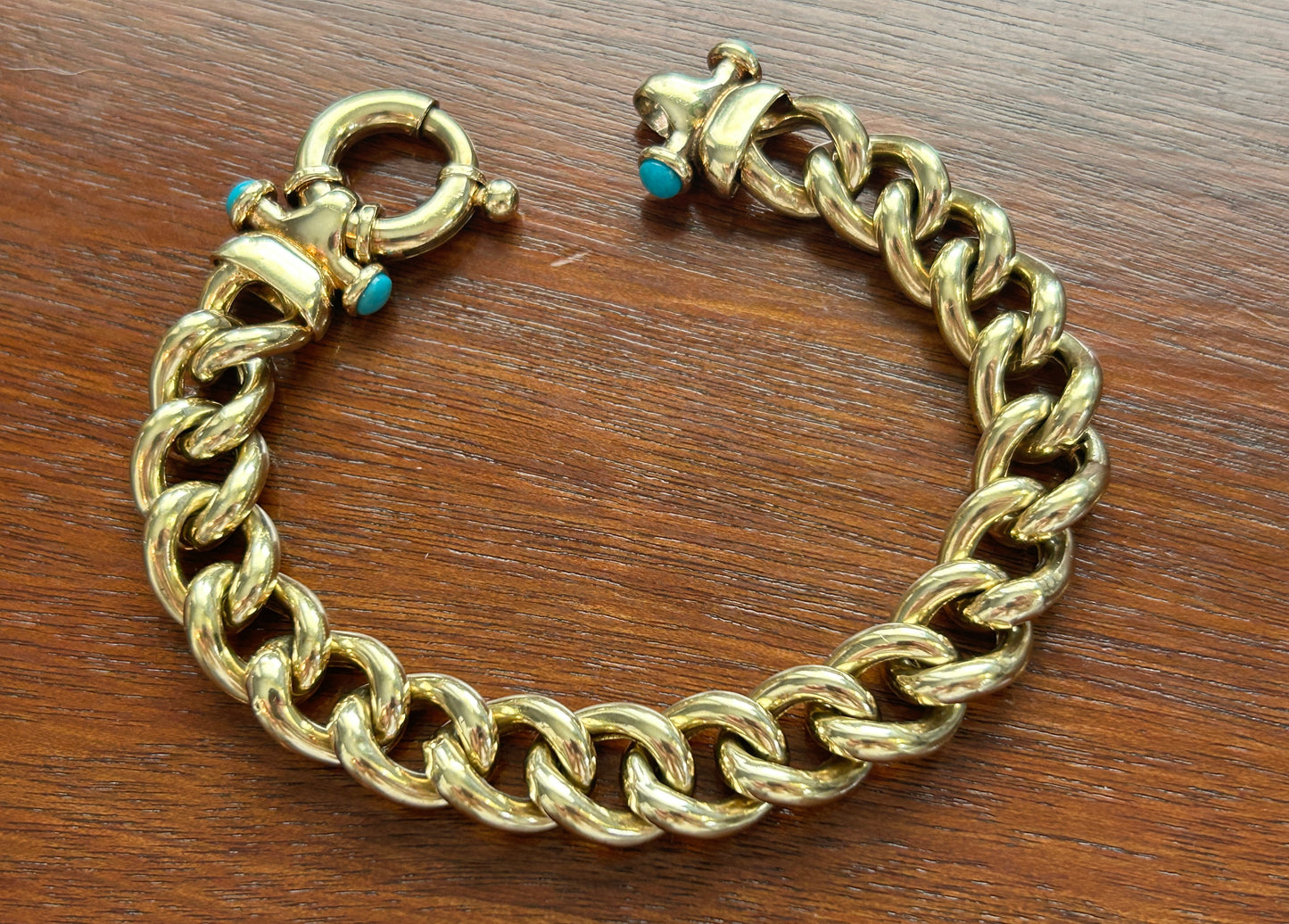 Veronese 18k Yellow Gold over Sterling Curb Chain Turquoise Cabochon Bracelet