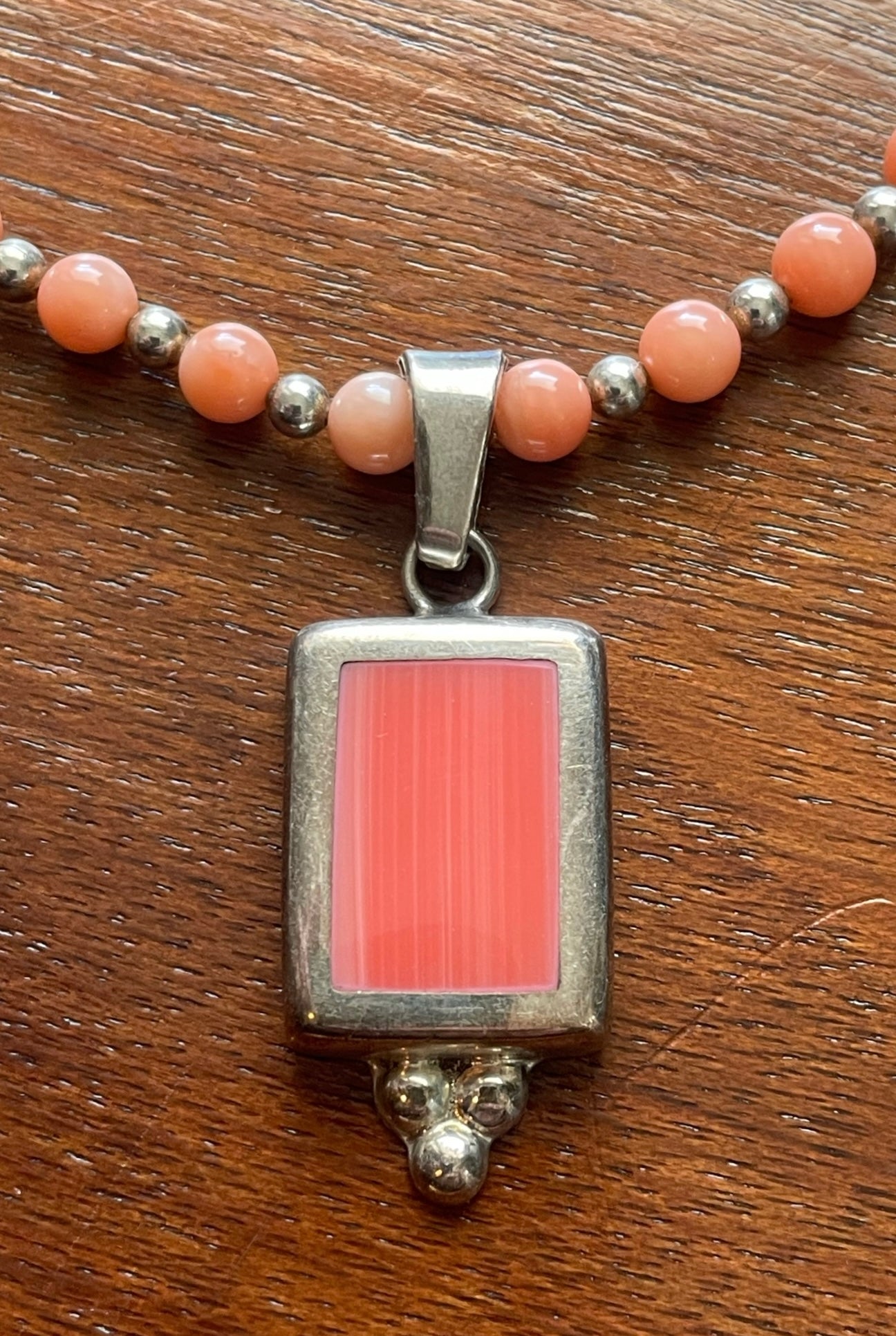 Vintage ATI Mexico Rhodochrosite Pendant and Coral Bead Bracelet