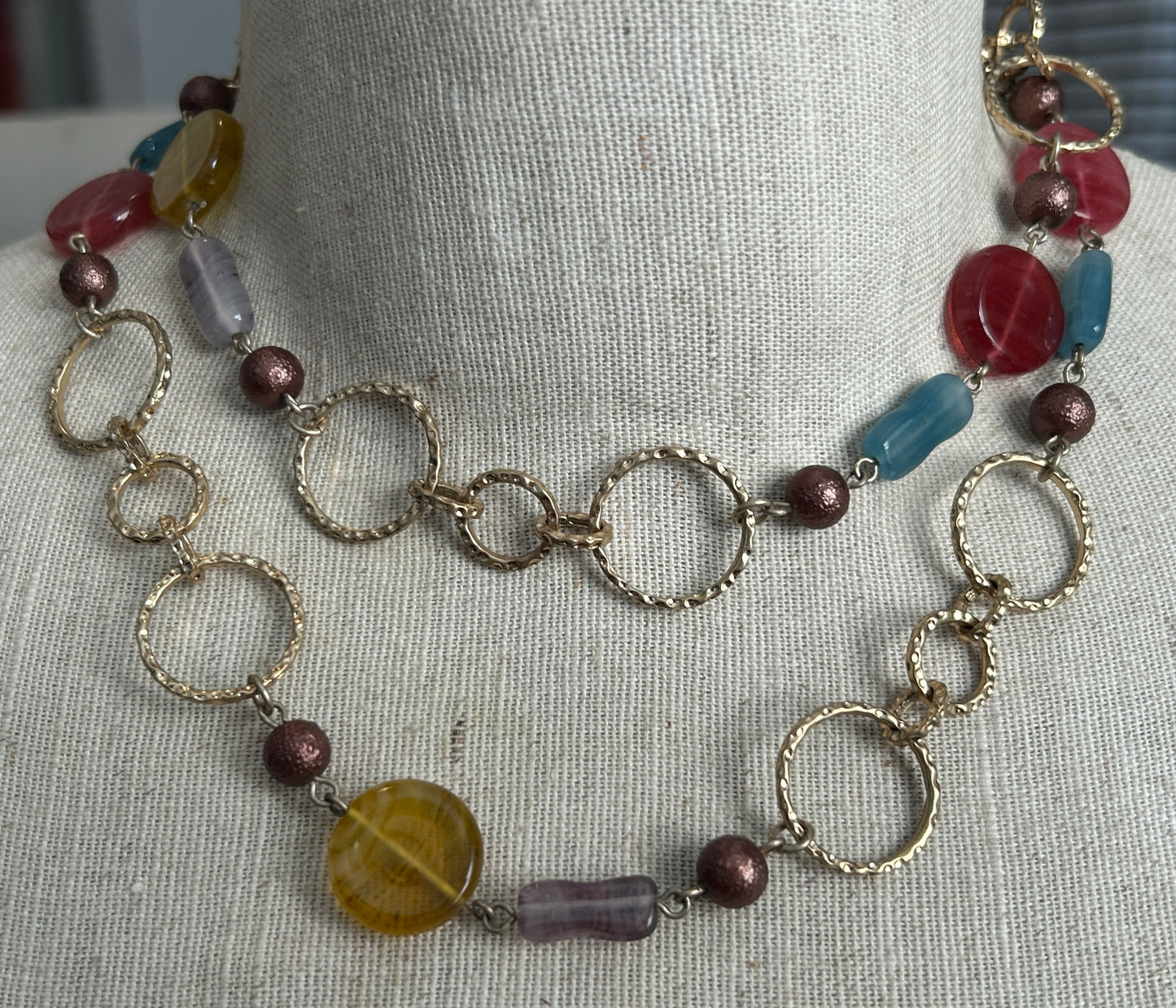 Lia Sophia Gold Tone Ring Chain Link Necklace Multi Colored Beads