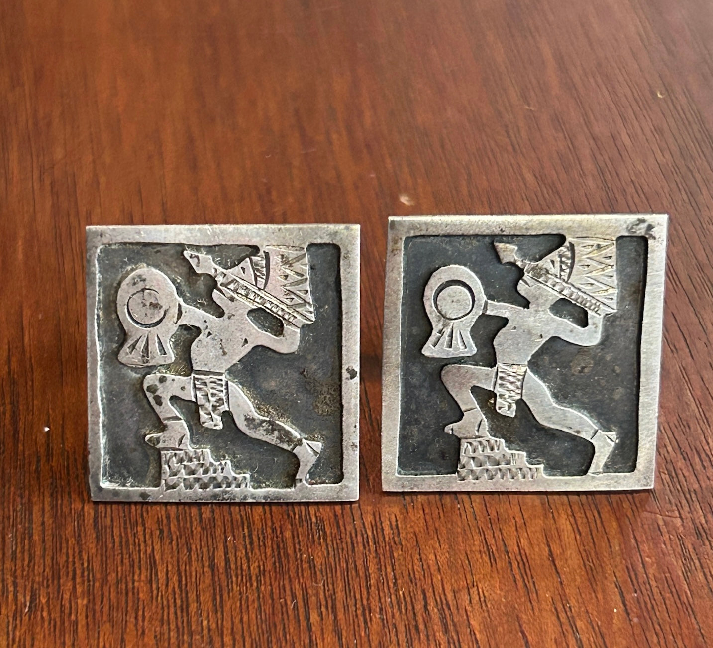 Vintage Designer RM Sterling Silver 925 Aztec Mayan Warrior Relief Cuff Links