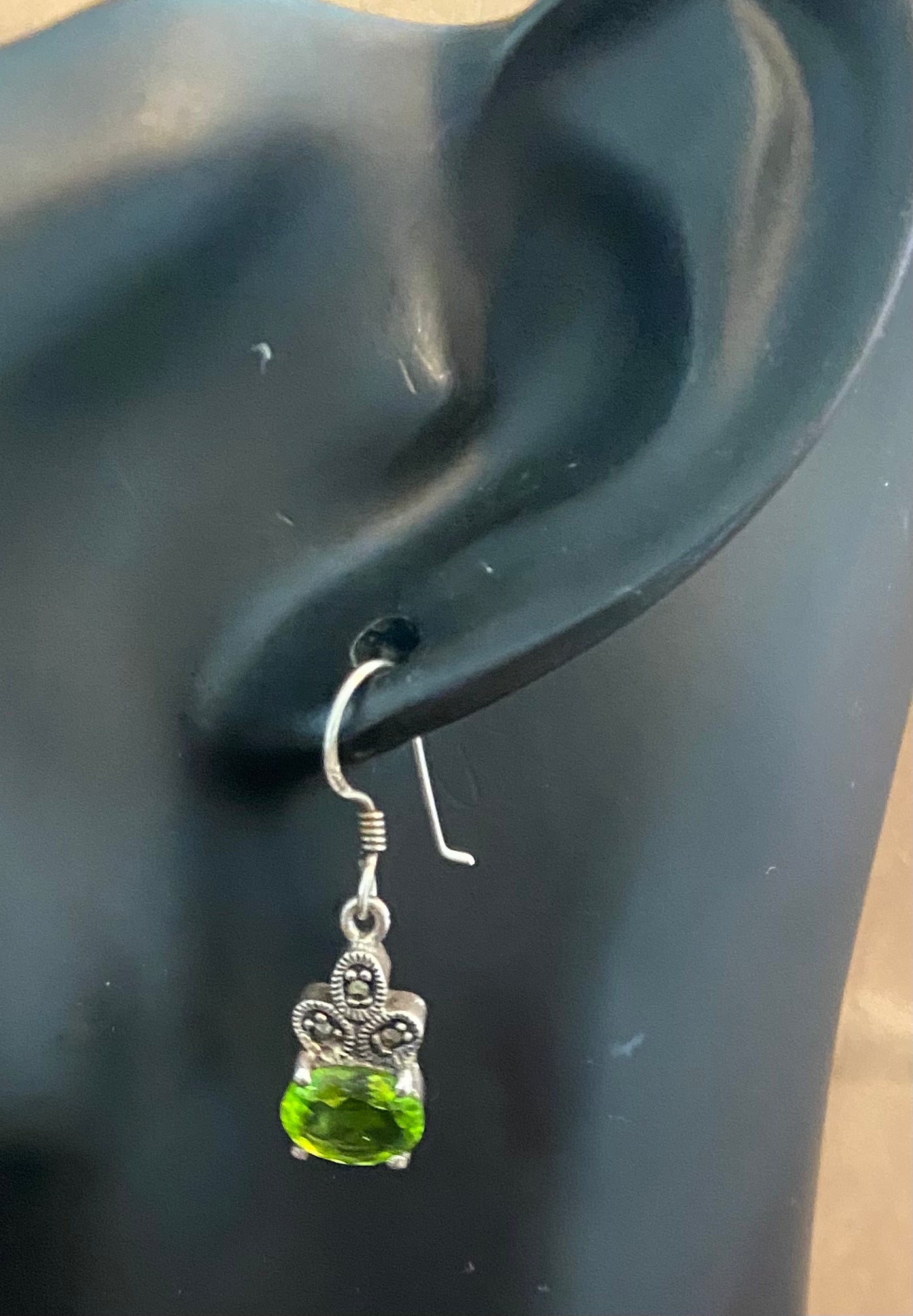 Sterling Silver 925 Signed OBJ Marcasite Green Stone Drop Dangly Earrings