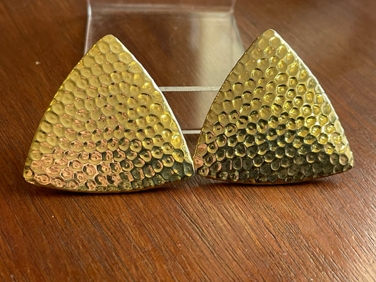 Vintage Large Gold Tone Geometric Triangle Earrings Hammered Metal