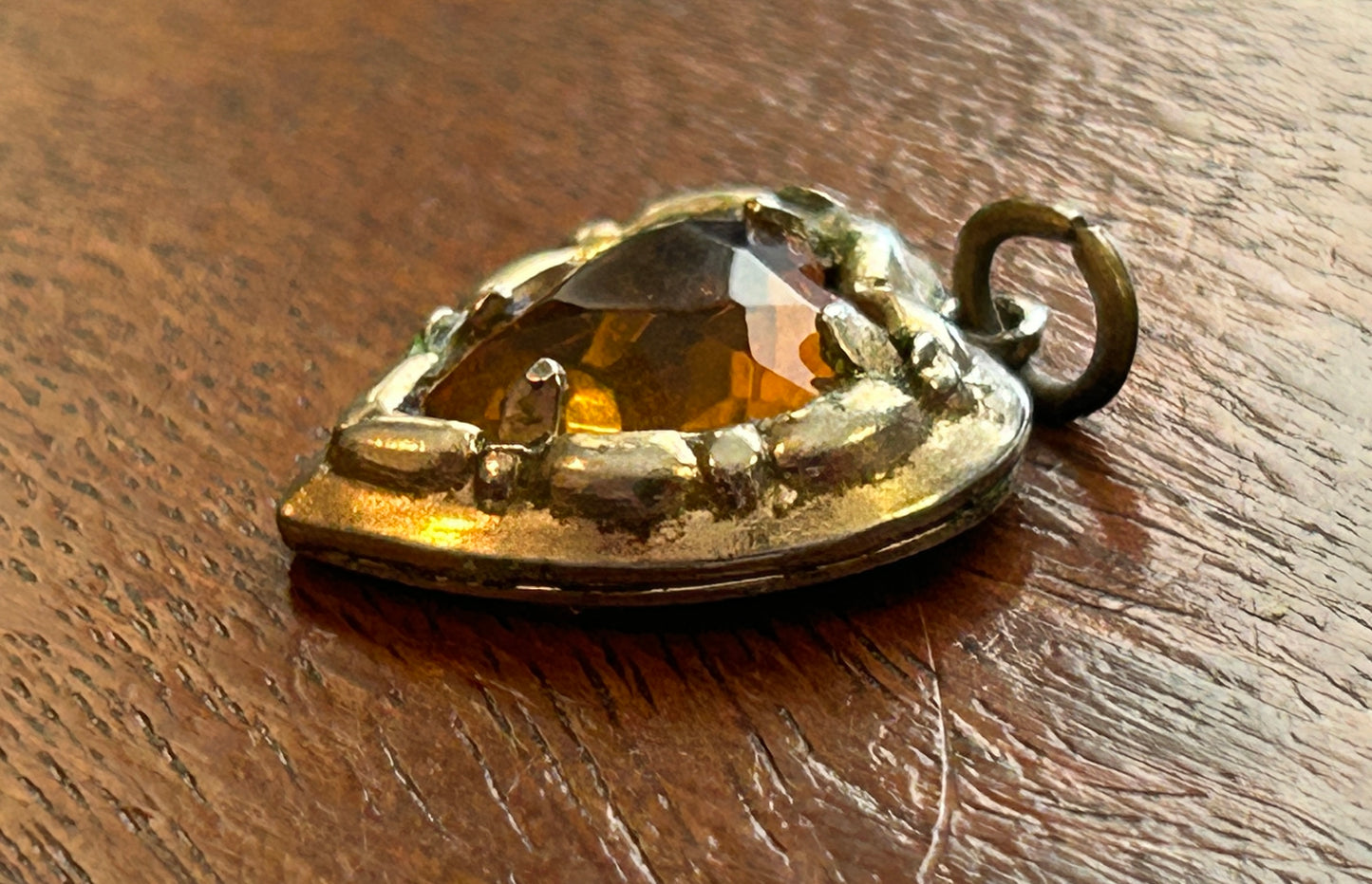 Vintage Antique Yellow Gold Filled Faceted Amber Glass Heart Charm Pendant