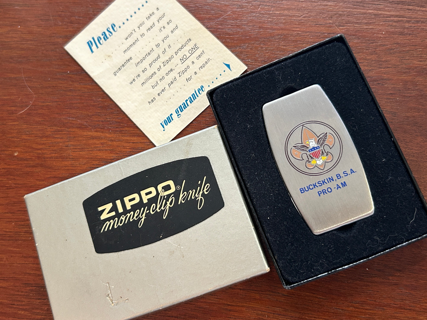 Vintage In Box Zippo Money Clip Knife Advertising Buckskin Pro-Am