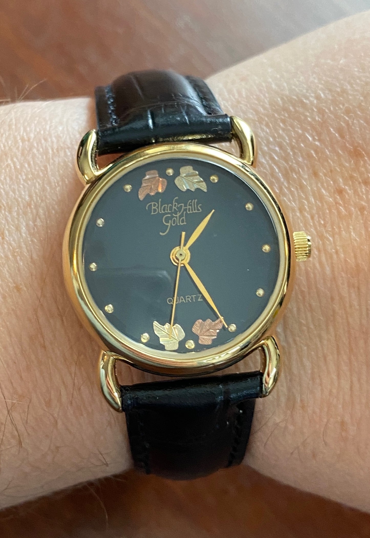 Black Hills Gold 12k Gold Leaves Black Leather Wristwatch